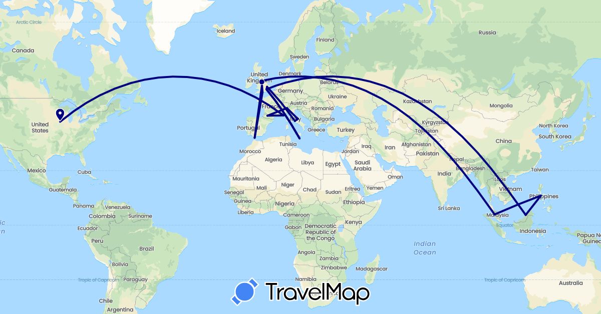 TravelMap itinerary: driving in Brunei, Switzerland, France, United Kingdom, Gibraltar, Italy, Monaco, Malta, Malaysia, Philippines, United States (Asia, Europe, North America)